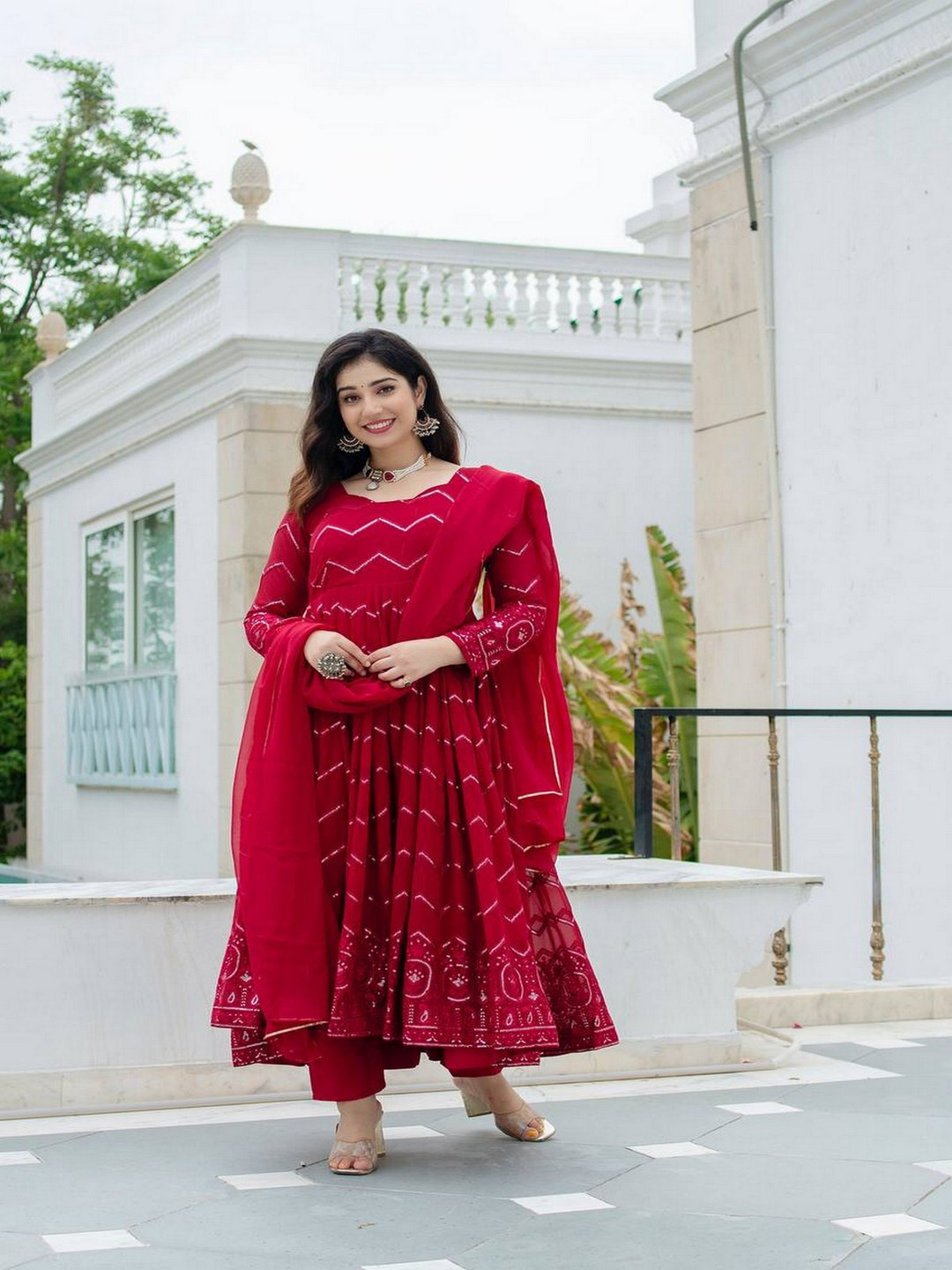 

ZEEPKART Women Striped Empire Silk Georgette Kurta with Palazzos & With Dupatta, Pink