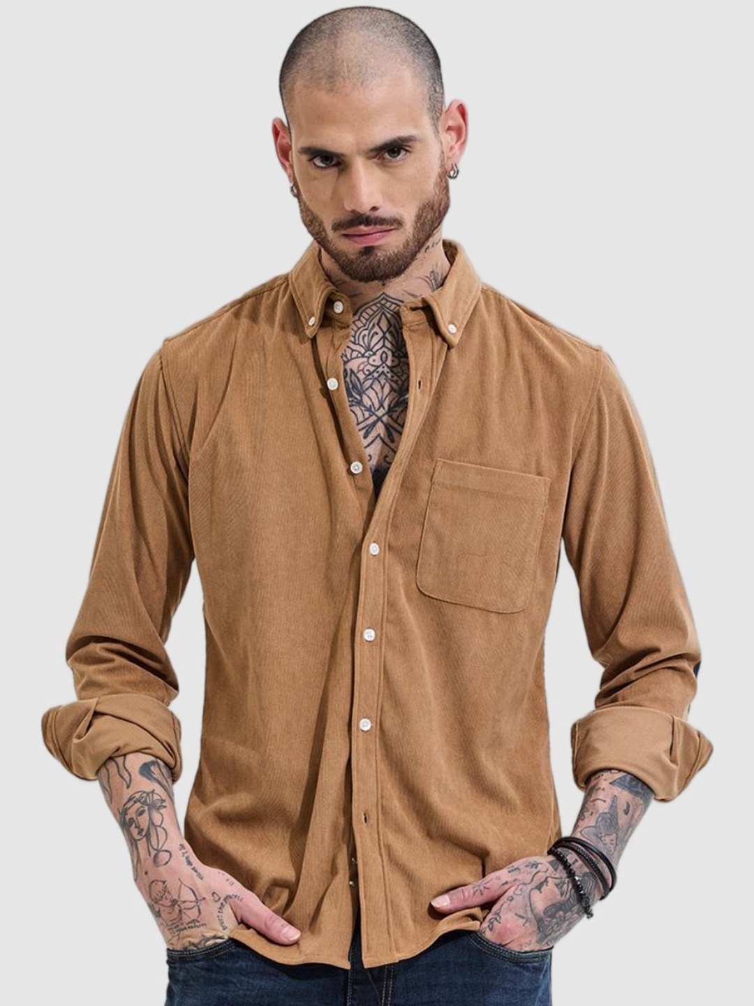 

Snitch Men Smart Slim Fit Button-Down Collar Solid Casual Shirt, Brown