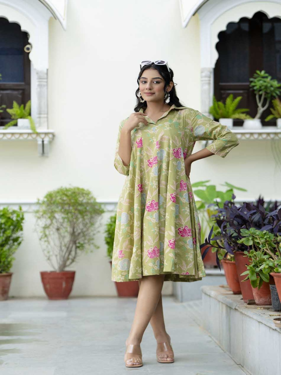 

Demirner Floral Printed Shirt Collar Anarkali Ethnic Dress, Green