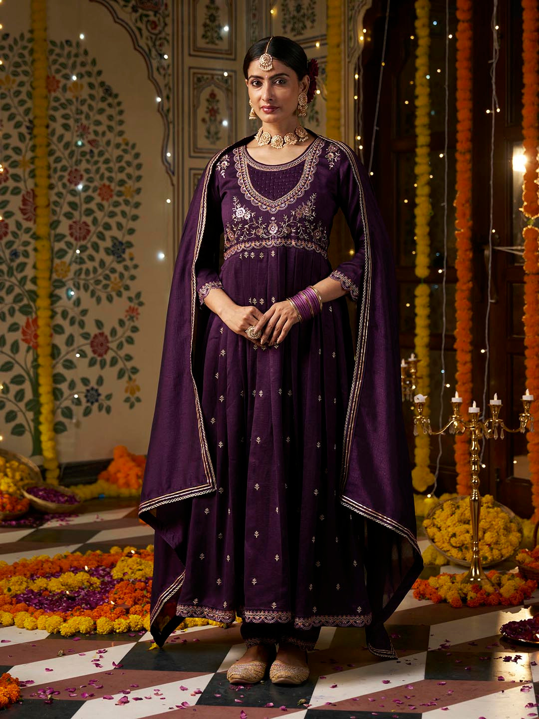 

Kvsfab Floral Embroidered Pleated Sequinned A-Line Kurta with Trousers & Dupatta, Purple