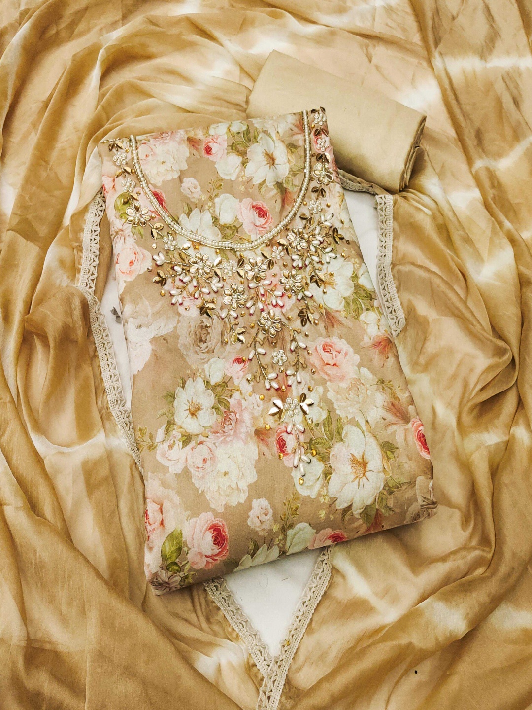 

HERE&NOW Printed Unstitched Dress Material, Beige