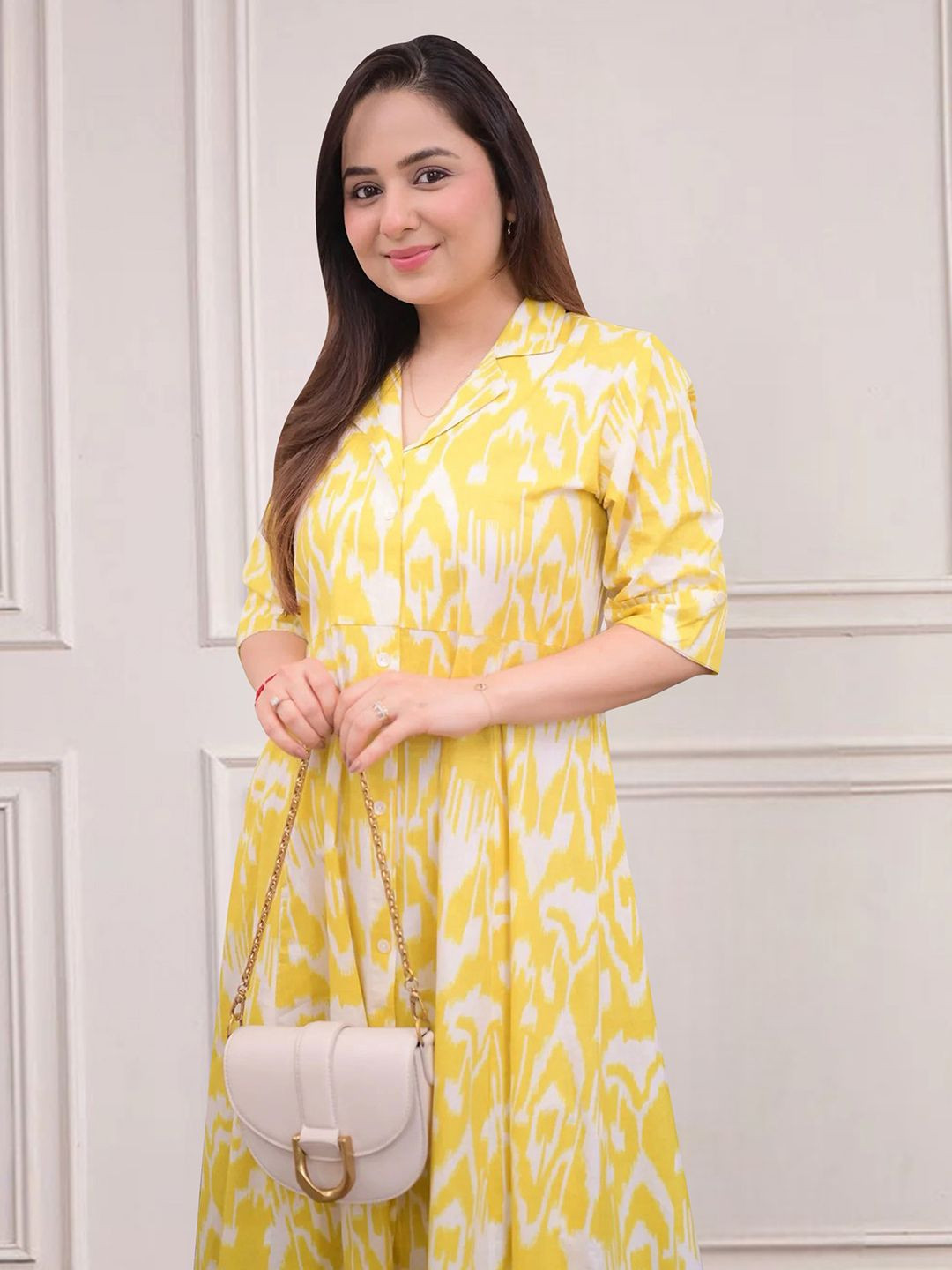 

MISS AYSE Women Shirt Collar Cotton Fit & Flare Midi Dress, Yellow