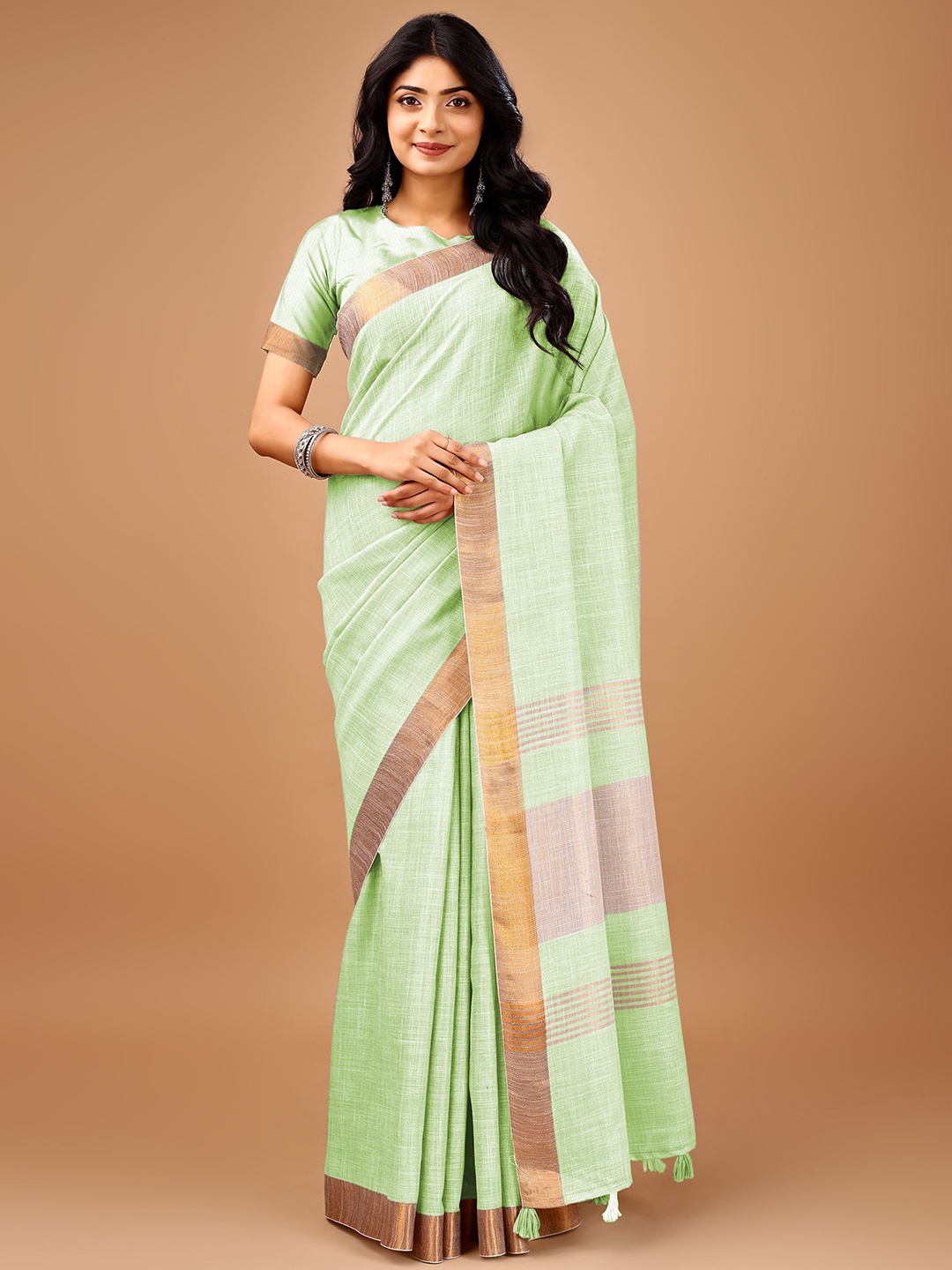 

PURI MAA Zari Linen Blend Fusion Kota Saree, Sea green