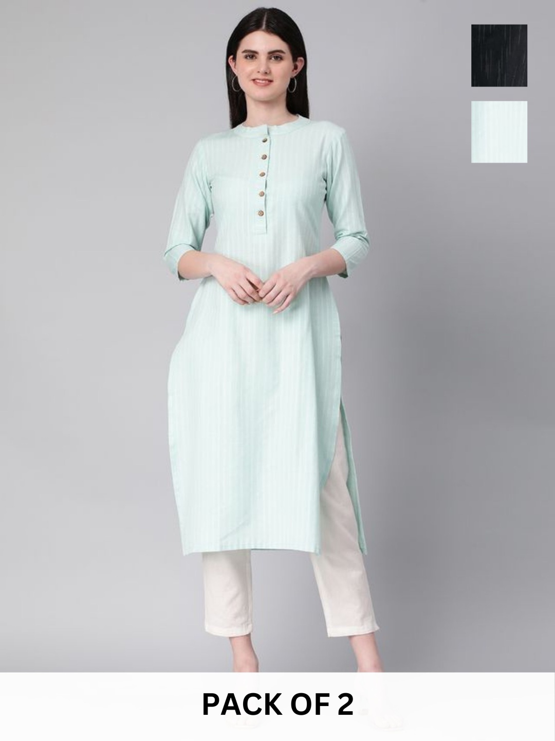 

KALINI Selection Of 2 Striped Round Neck Straight Kurtas, Turquoise blue