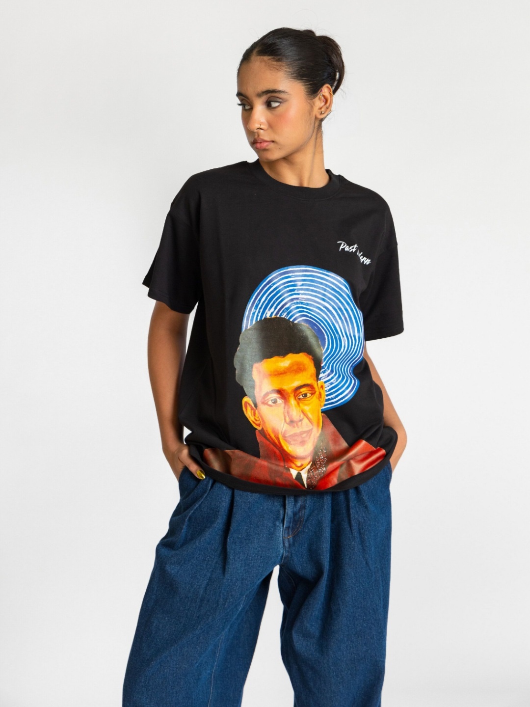 

Past Modern Women Graphic Printed Round Neck Cotton Oversized T-shirt, Black