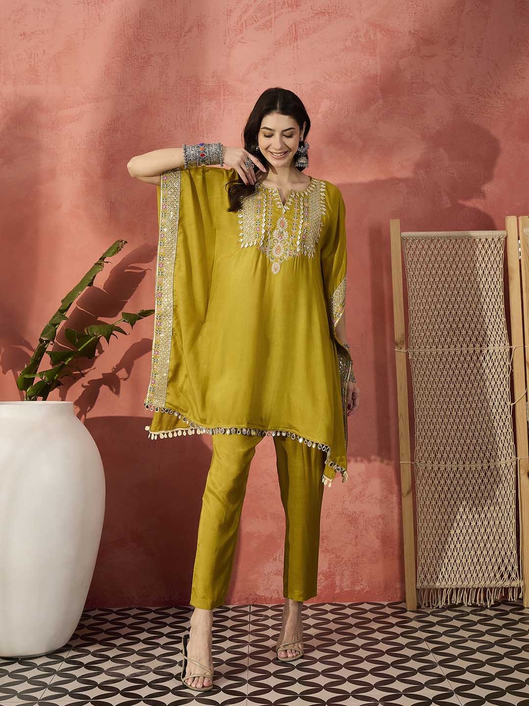 

Sangria Green Ethnic Motifs Yoke Design Gotta patti Notch Neck Kaftan Kurta With Trousers