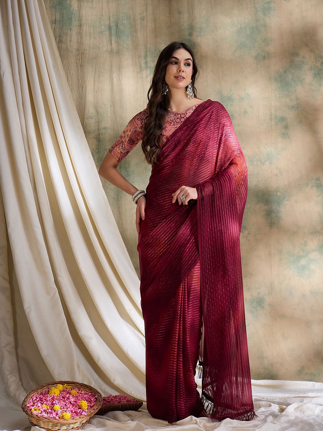 

Maroosh Striped Embellished Saree, Red