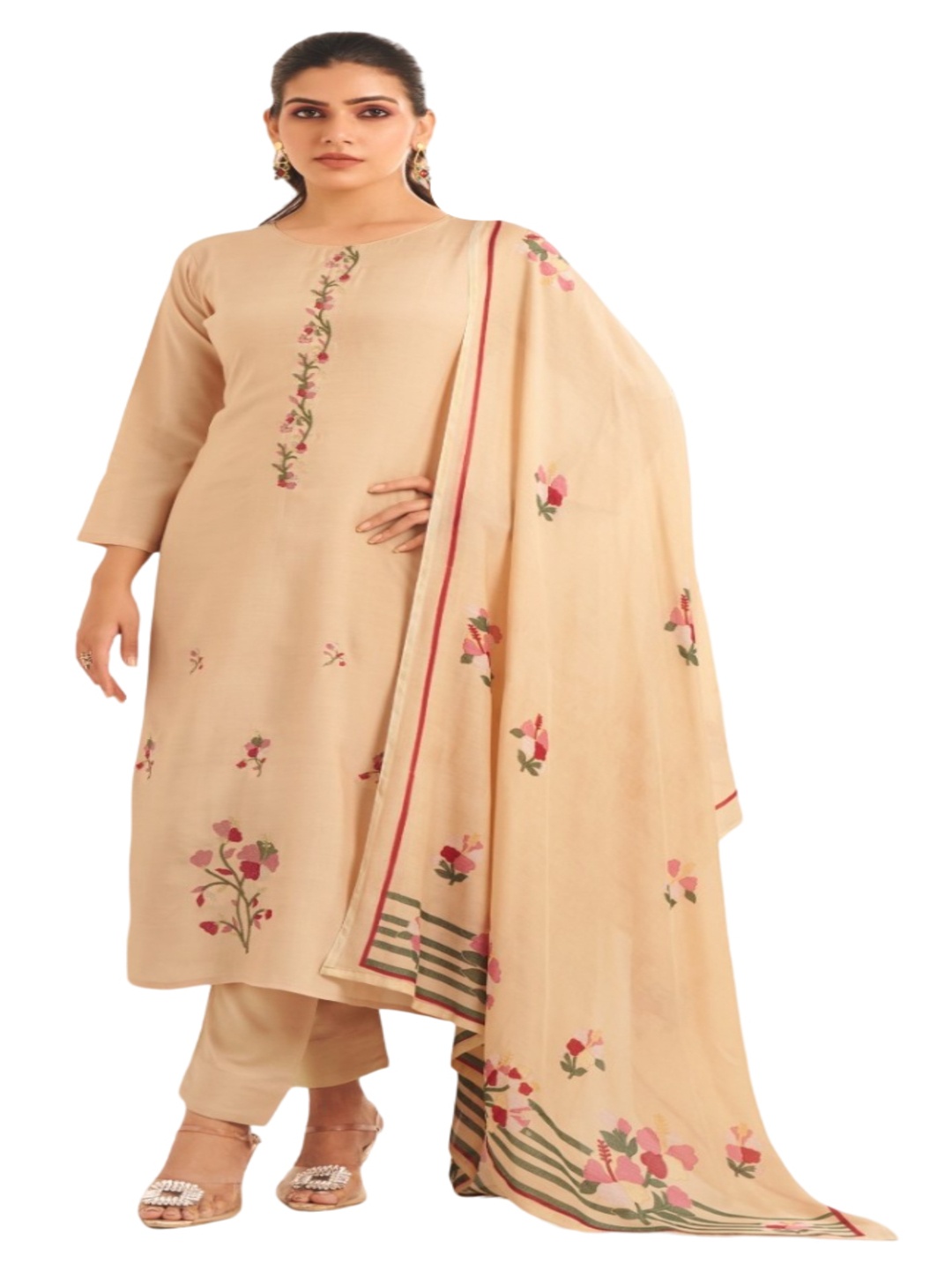 

DRAVINAM Floral Embroidered Pure Cotton Unstitched Dress Material, Cream