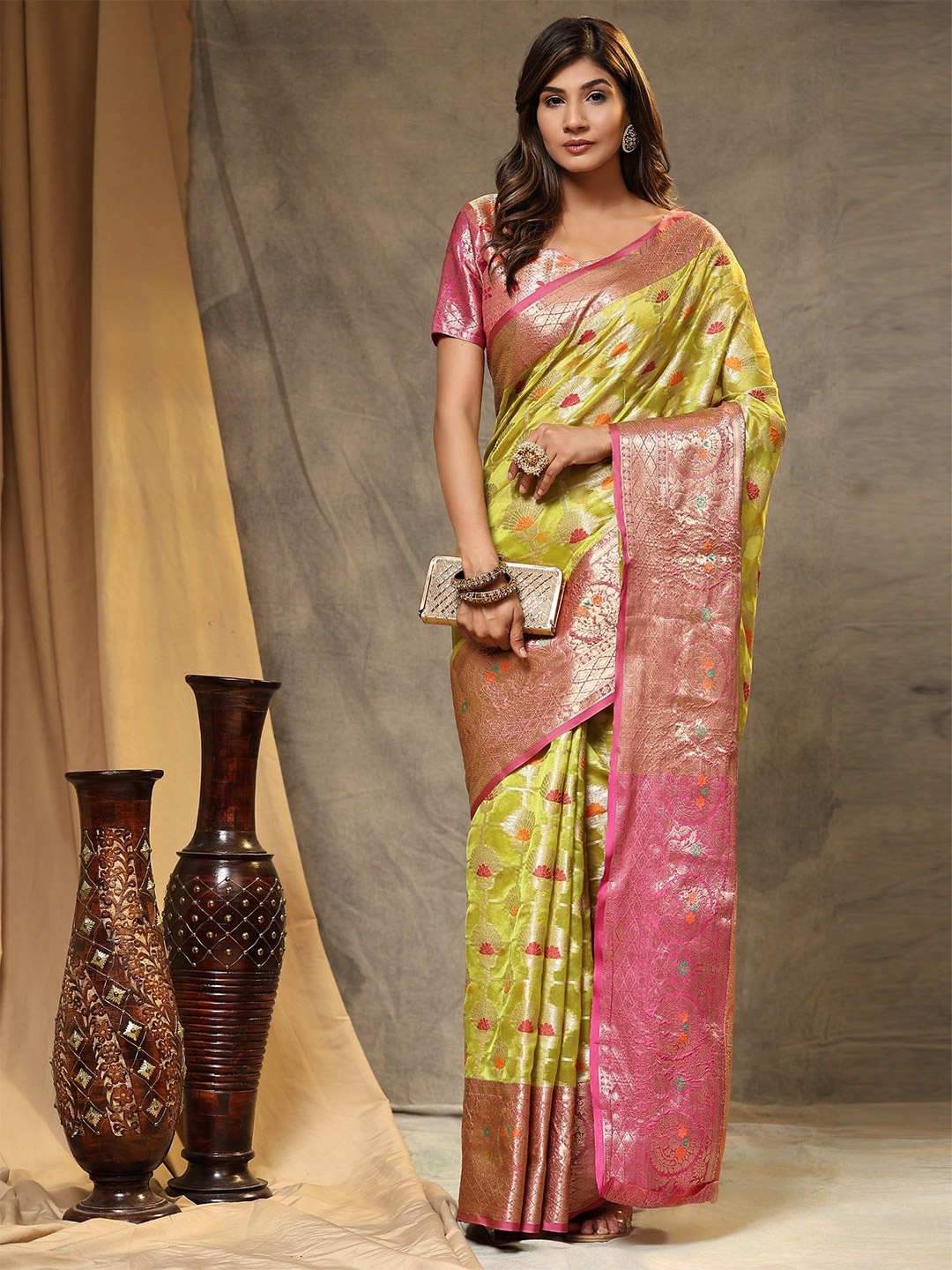 

LeeliPeeri Designer Ethnic Motifs Zari Organza Banarasi Saree, Lime green