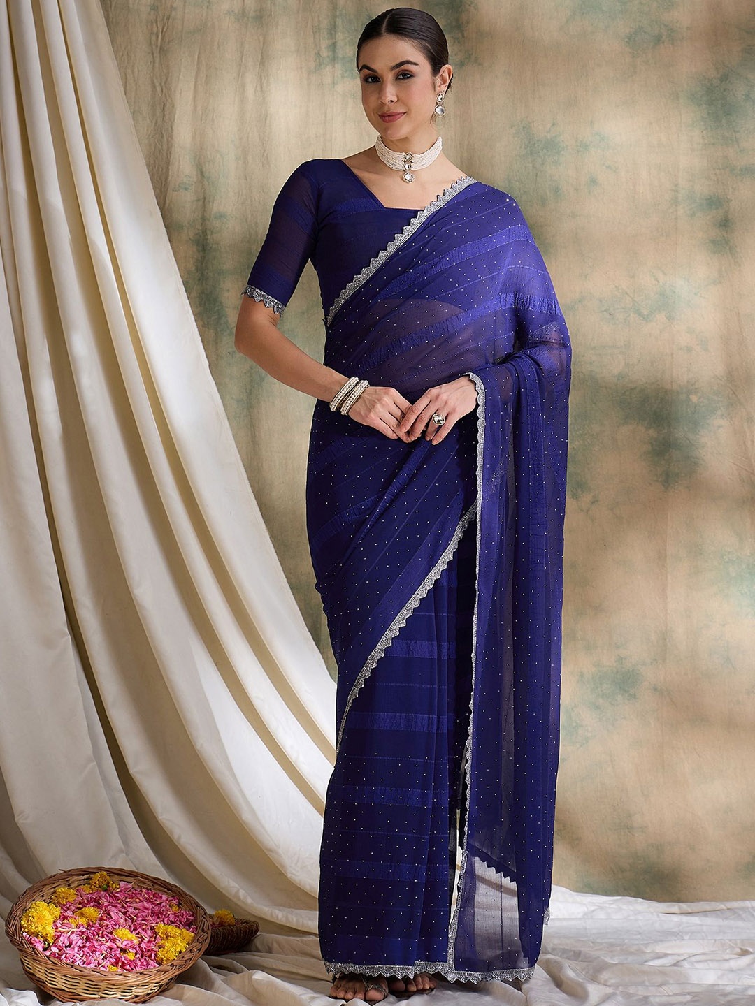 

Maroosh Beads and Stones Embellished Banarasi Saree, Blue