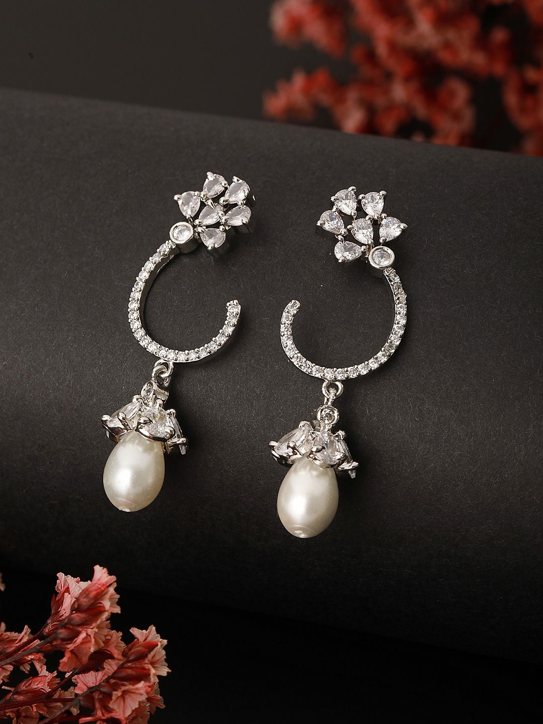 

Saraf RS Jewellery Rhodium-Plated American Diamond Studded Contemporary Drop Earrings, White