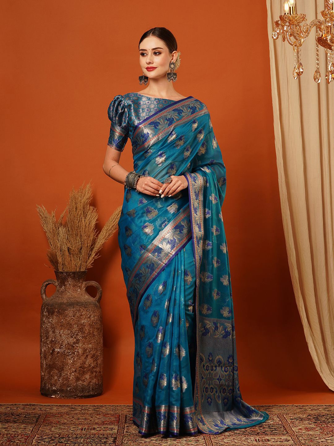 

VILLAGIUS Woven Design Zari Pure Silk Banarasi Saree, Turquoise blue