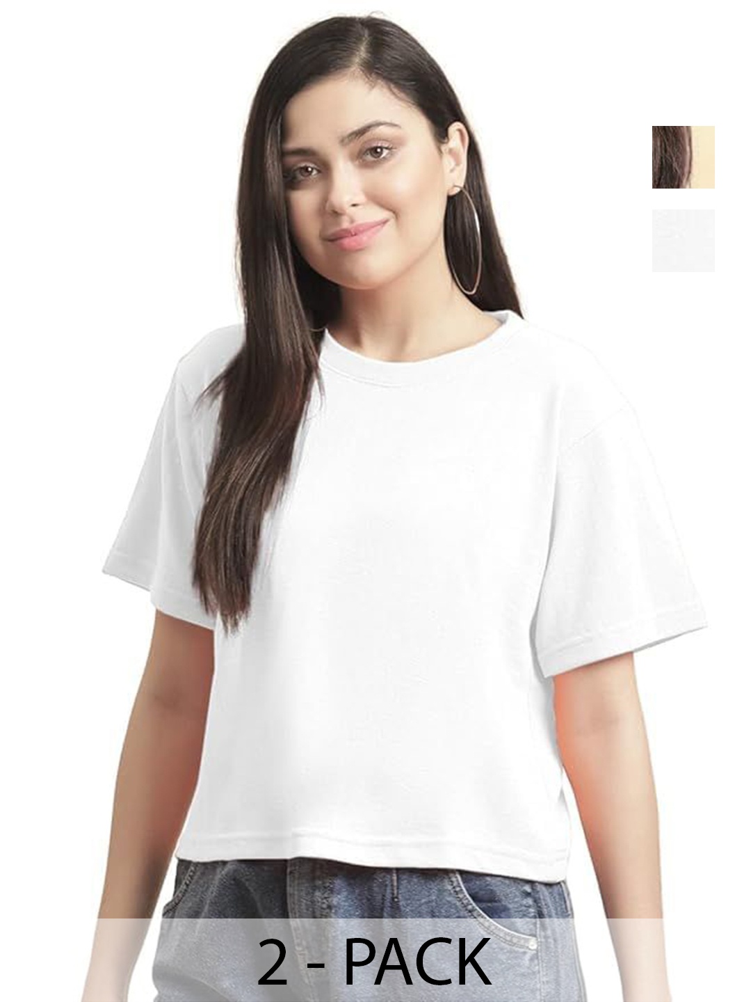 

NOTWILD Women Pack Of 2 Solid Round Neck Cotton T-shirts, Beige