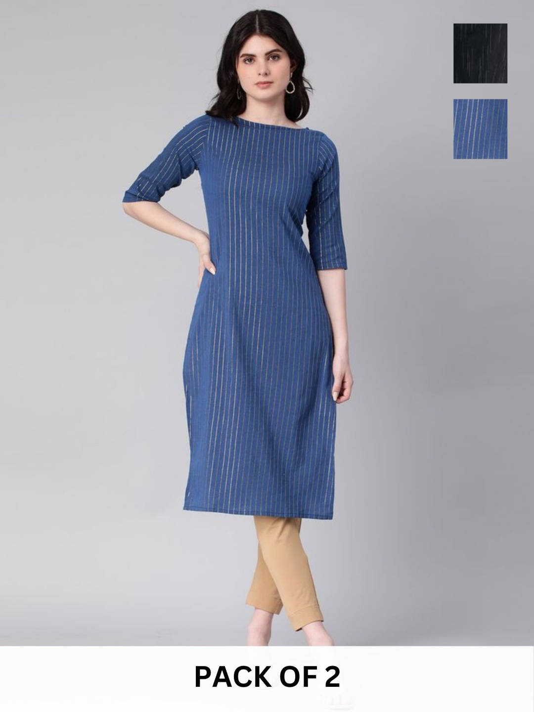 

KALINI Selection Of 2 Striped Round Neck Straight Kurtas, Navy blue