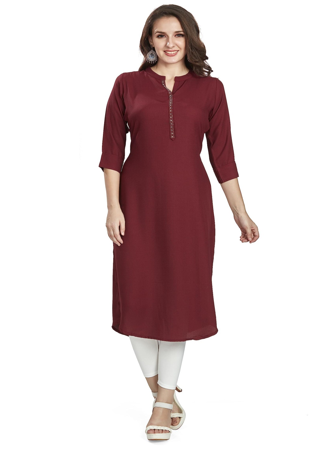 

Nioni Swarovski Mandarin Collar Dobby Linen Straight Kurta, Maroon