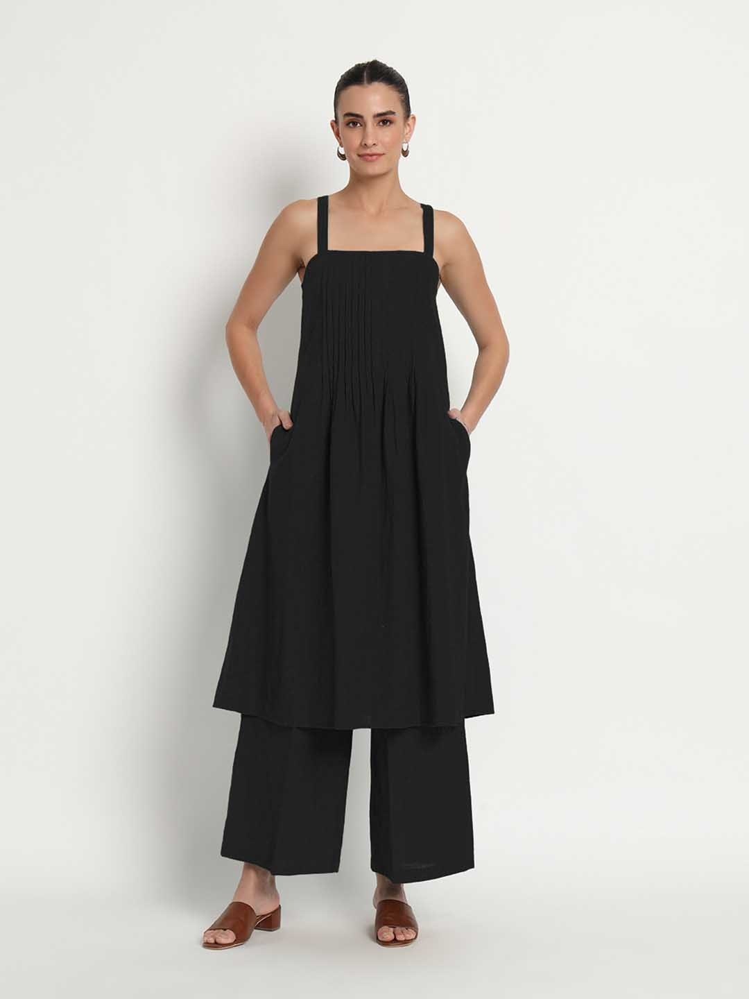 

Thevasa Square Neck Pure Cotton Spaghetti Tunic And Palazzo, Black