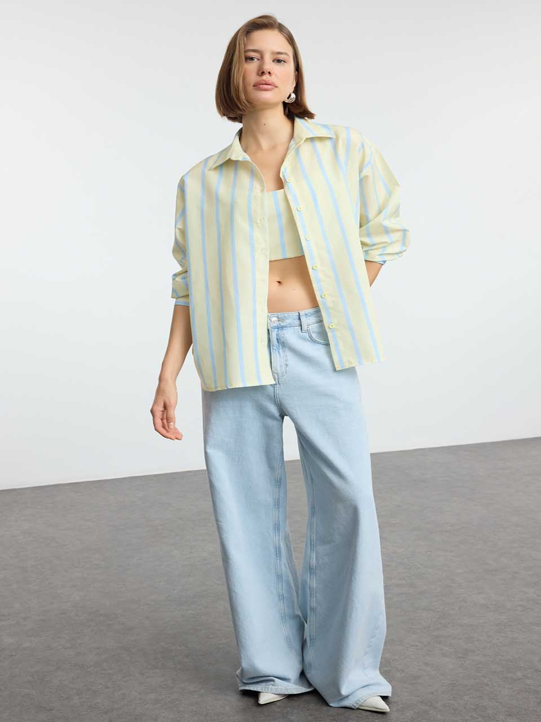 

Trendyol Striped Shoulder Straps Top With Jeans And Shirt Co-Ords, Yellow