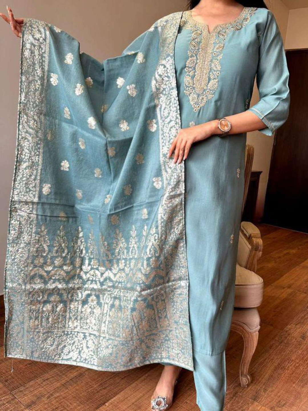 

KALINI Women Embroidered Regular Thread Work Chanderi Silk Kurta with Trousers & With Dupatta, Grey