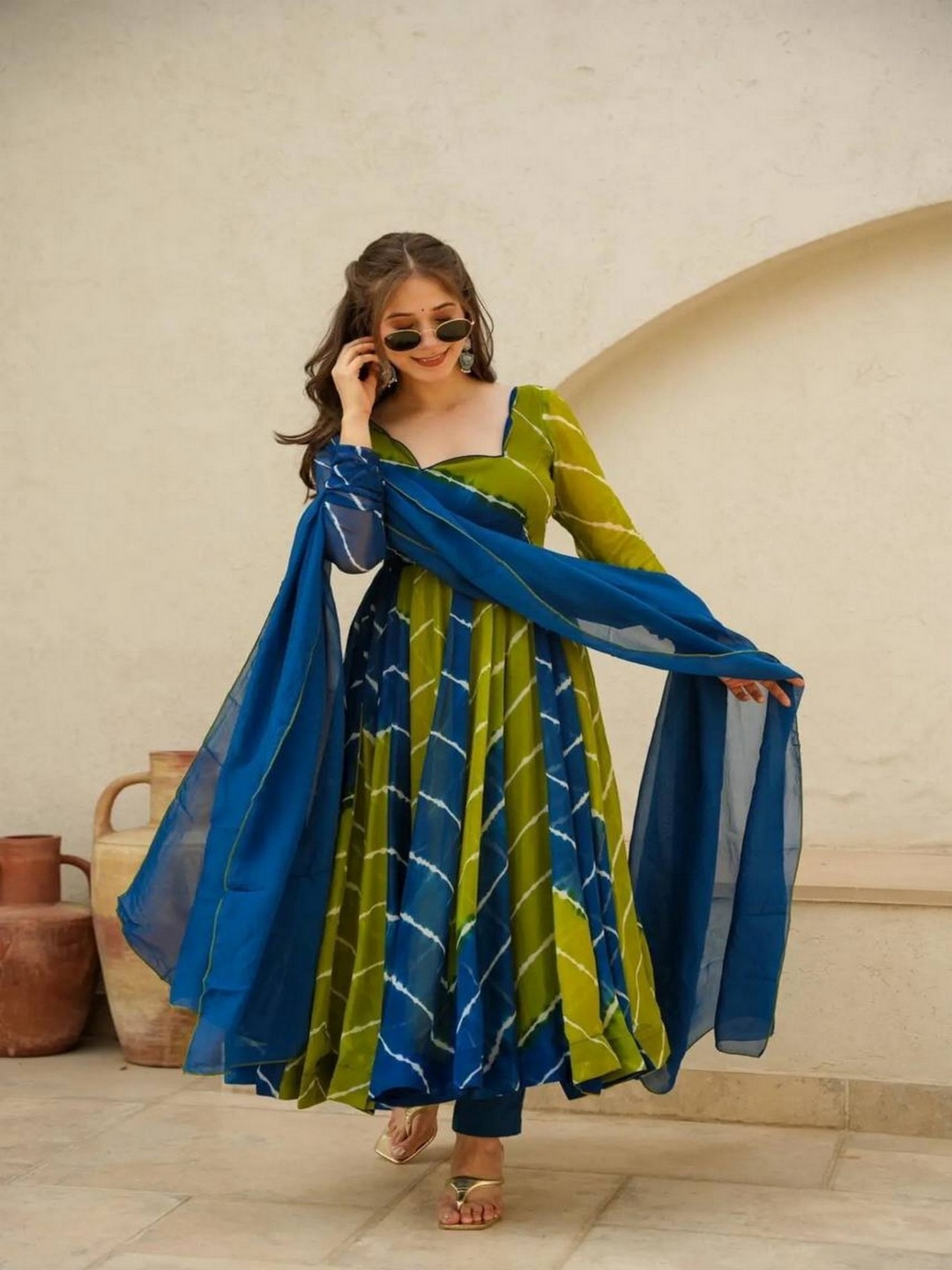 

ZEEPKART Women Striped Panelled Kurta with Dhoti Pants & With Dupatta, Olive