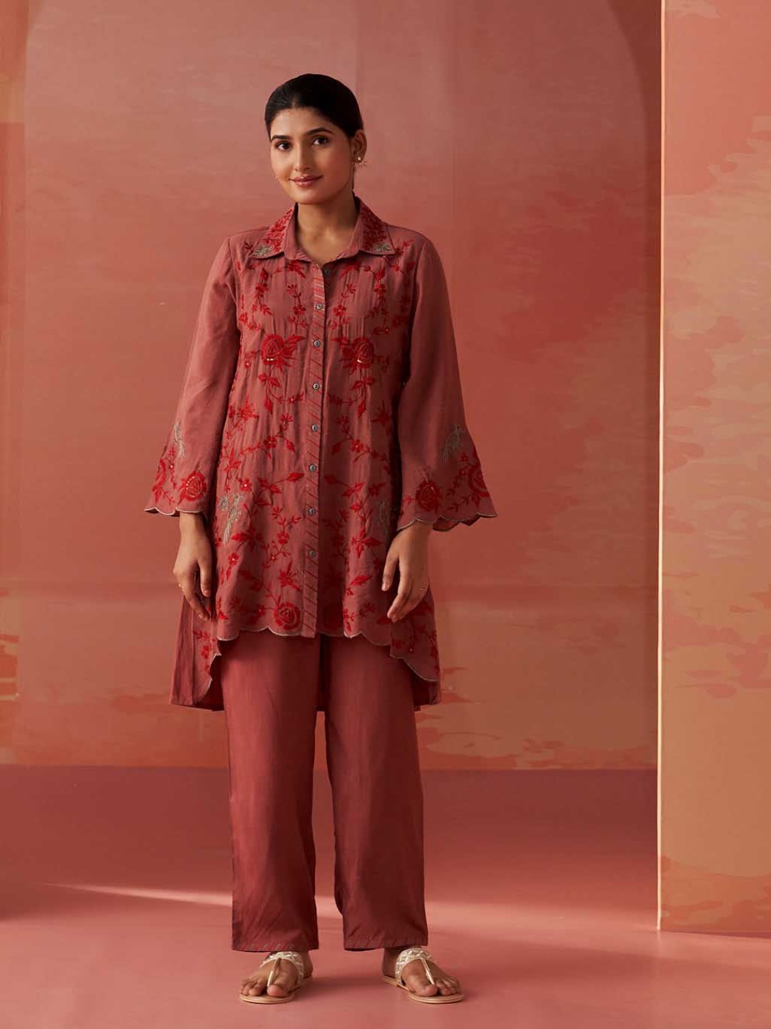 

Lakshita Floral Embroidered Shirt Collar Ethnic Tunic With Trousers Co-ords, Red