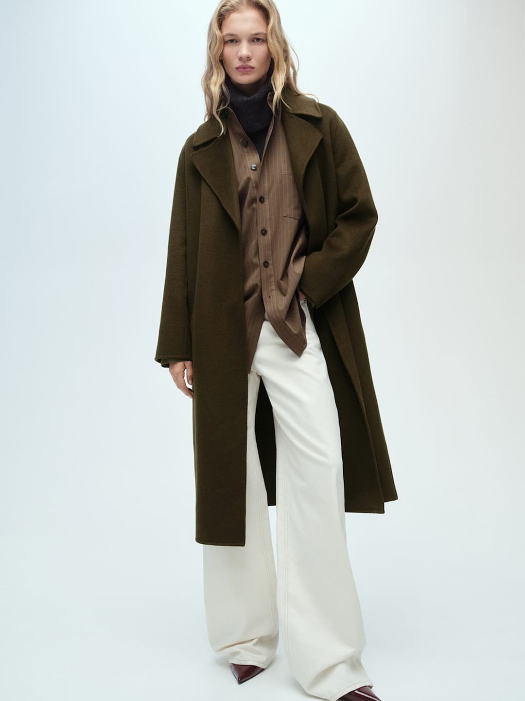 

MANGO Notched Lapel Collar Front-Open Longline Handmade Overcoat with Belt, Olive