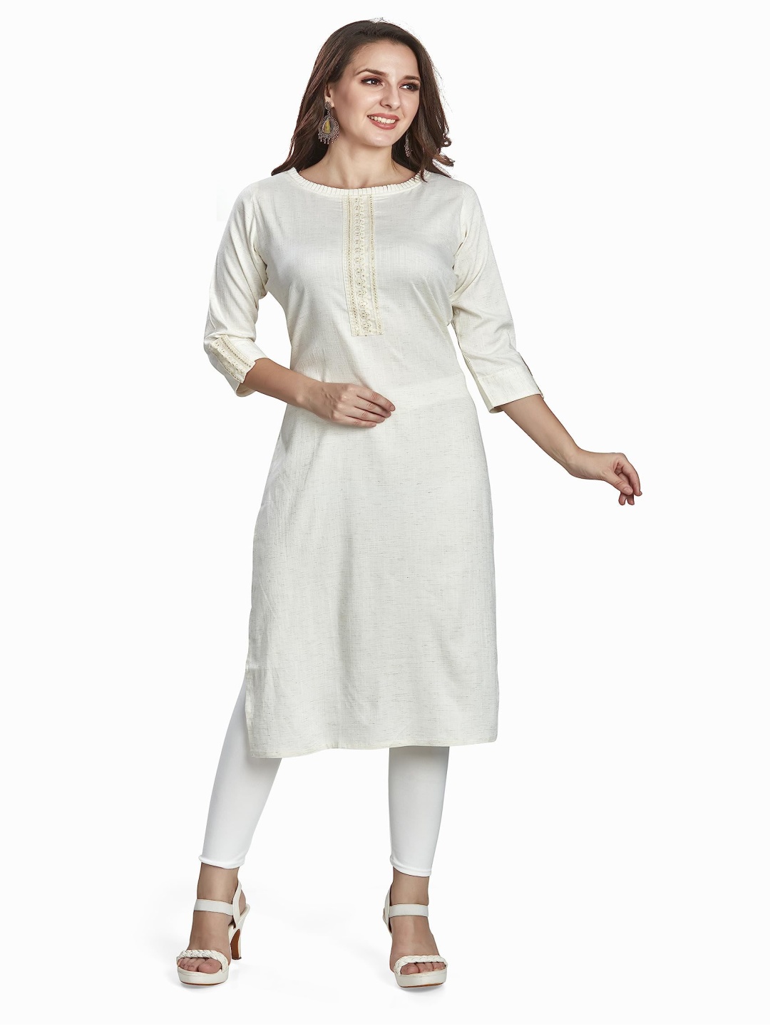 

Nioni Women Thread Work Khadi Kurta, Off white