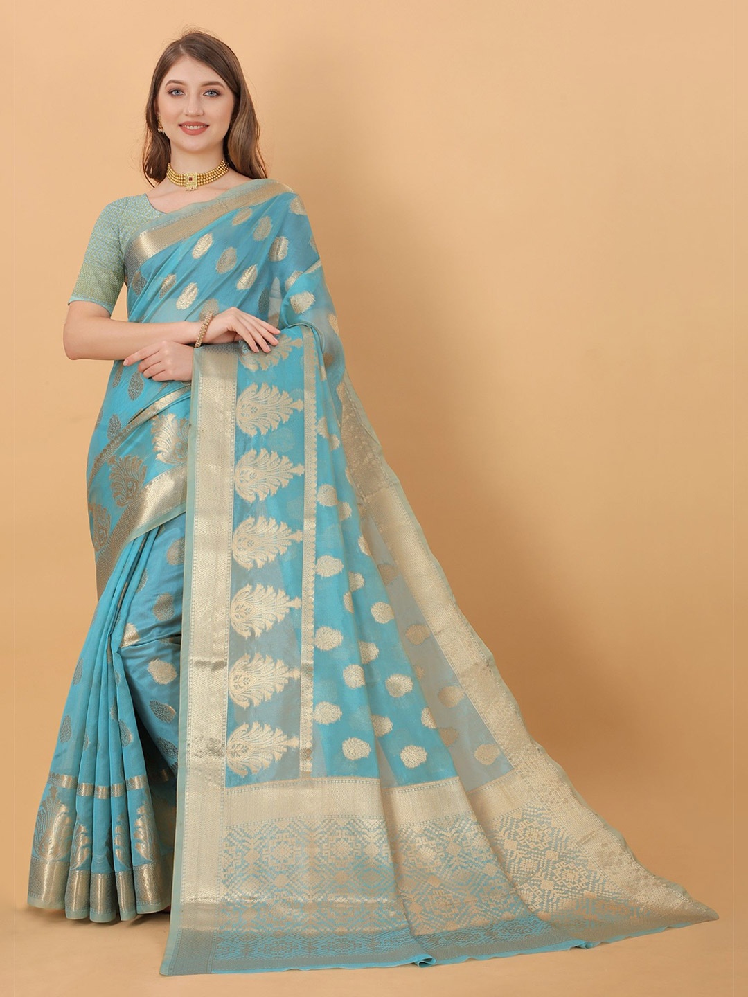 

LeeliPeeri Designer Woven Design Zari Organza Saree, Blue