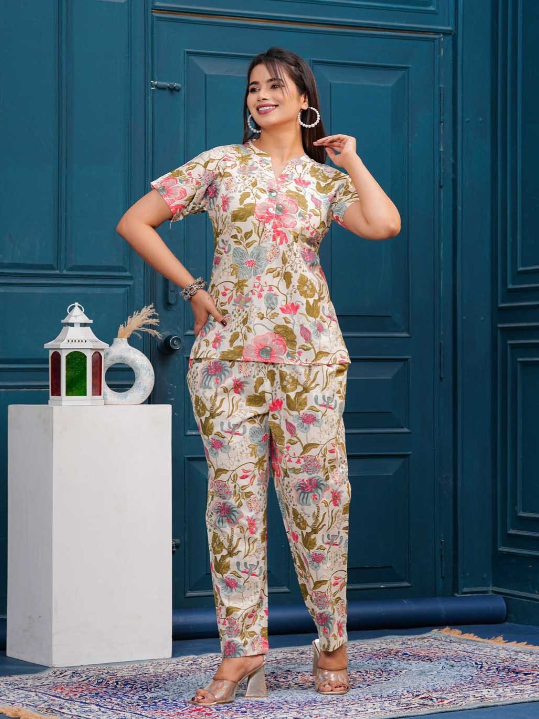 

NNAVDHA Floral Printed Pure Cotton Top With Trousers Co-ords, Off white