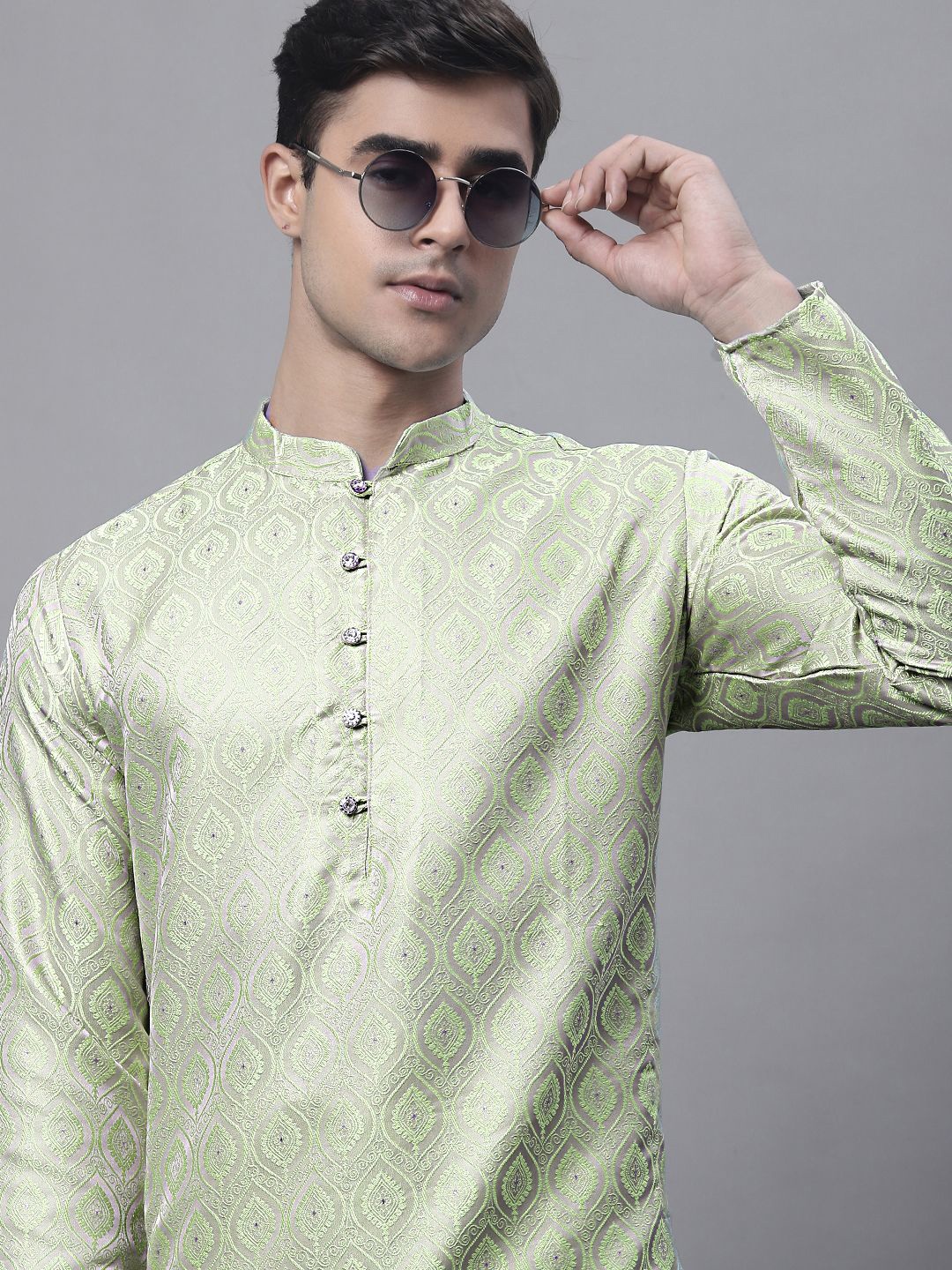 

Jompers Jacquard Woven Design Band Collar Straight Kurta, Green