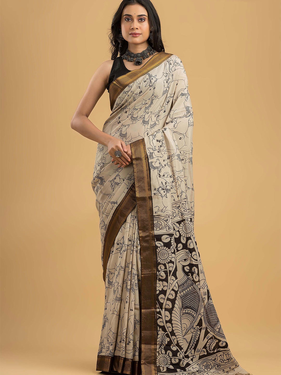 

Dheu Kalamkari Zari Silk Cotton Block Print Saree, Beige