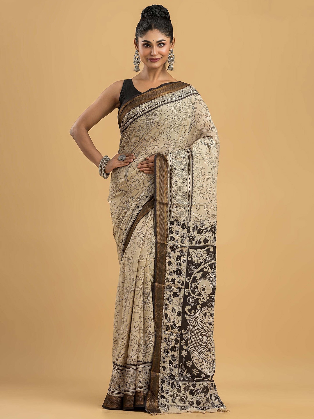 

Dheu Kalamkari Zari Block Printed Saree, Beige