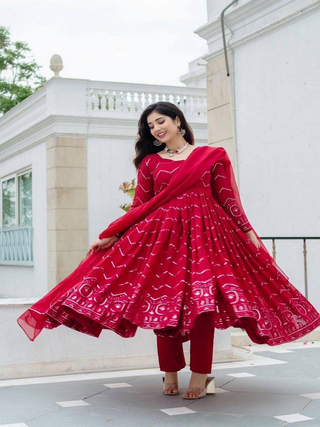 

mimi design Geometric Printed Silk Georgette Anarkali Kurta With Trousers & Dupatta, Red