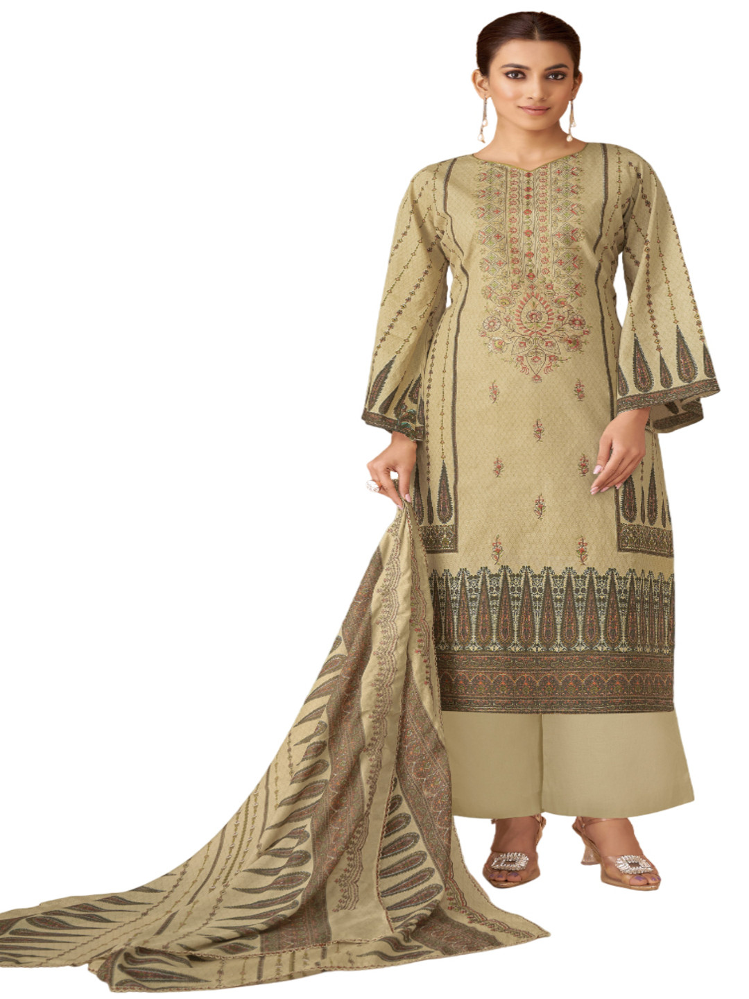 

DRAVINAM Trends Ethnic Motifs Embroidered Pure Cotton Unstitched Dress Material, Beige