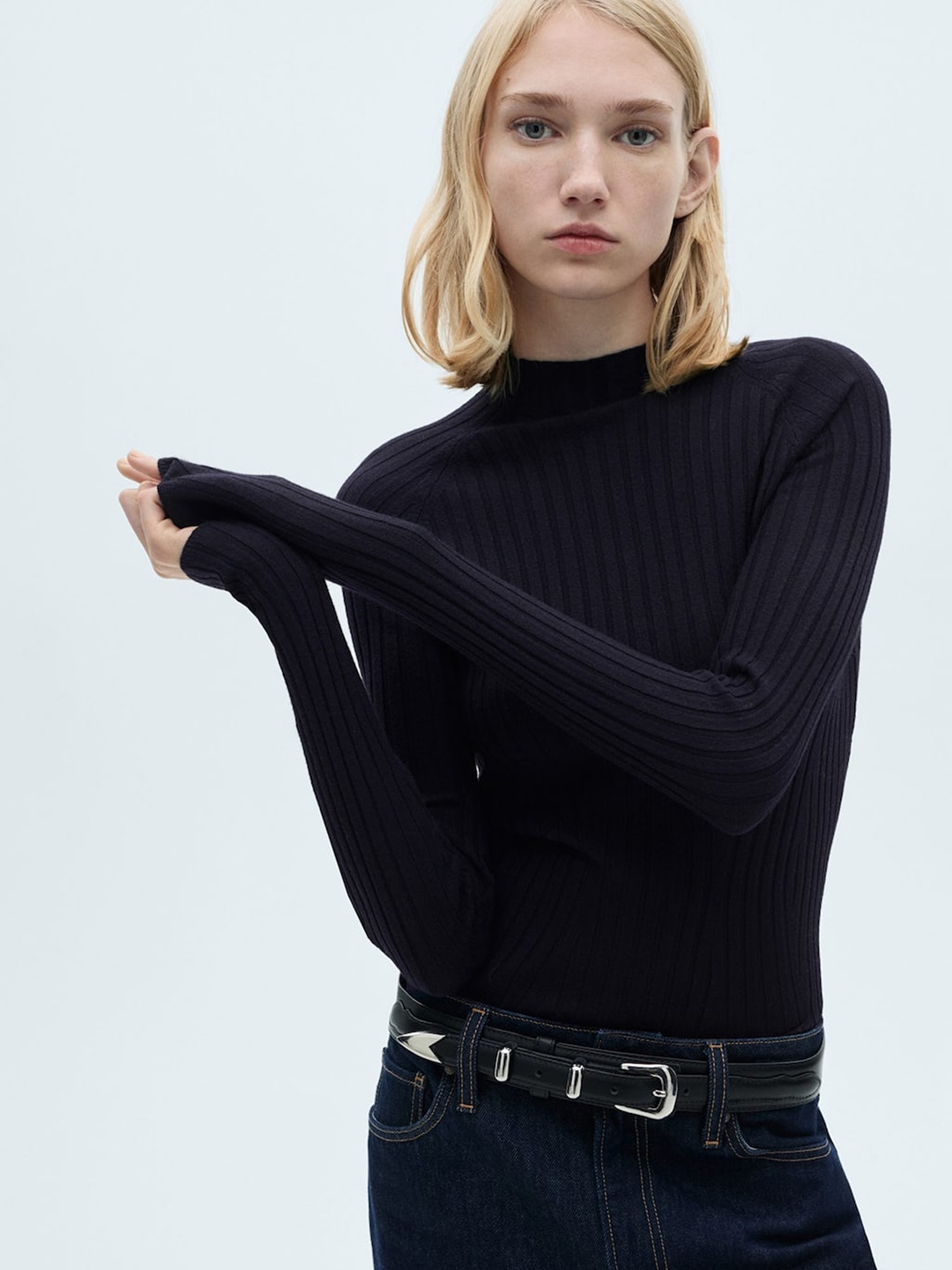 

MANGO High Neck Ribbed Pullover, Black