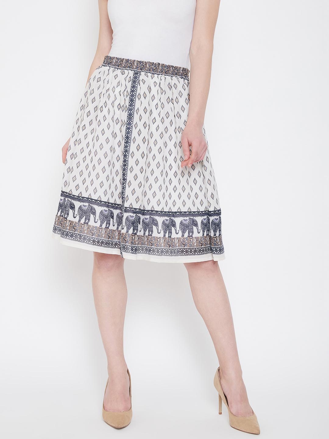 

Ruhaans Animal Printed A-Line Knee Length Skirt, White