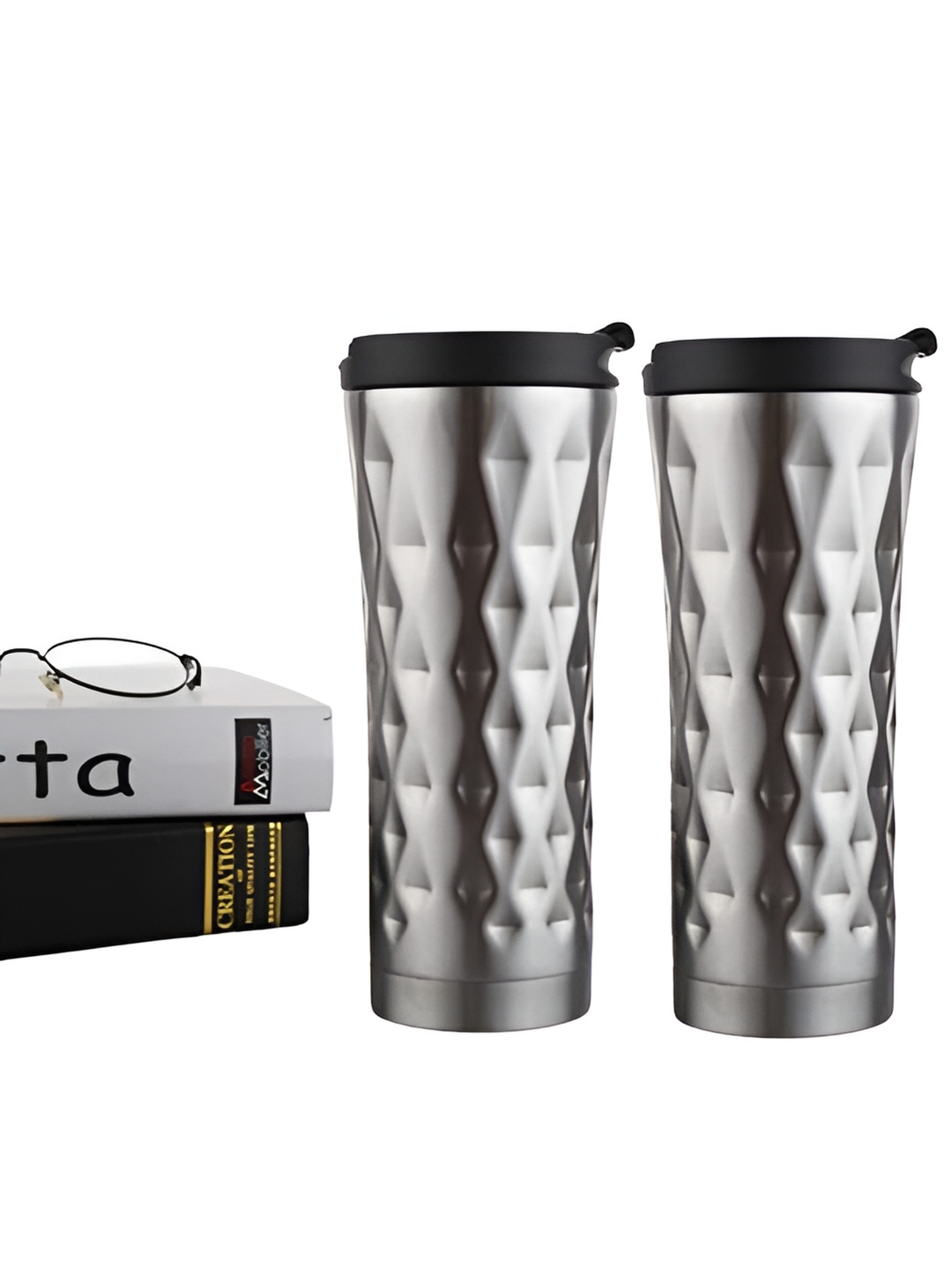 

We3 Grey & Black Textured Stainless Steel Glossy Cups Set of Cups and Mugs