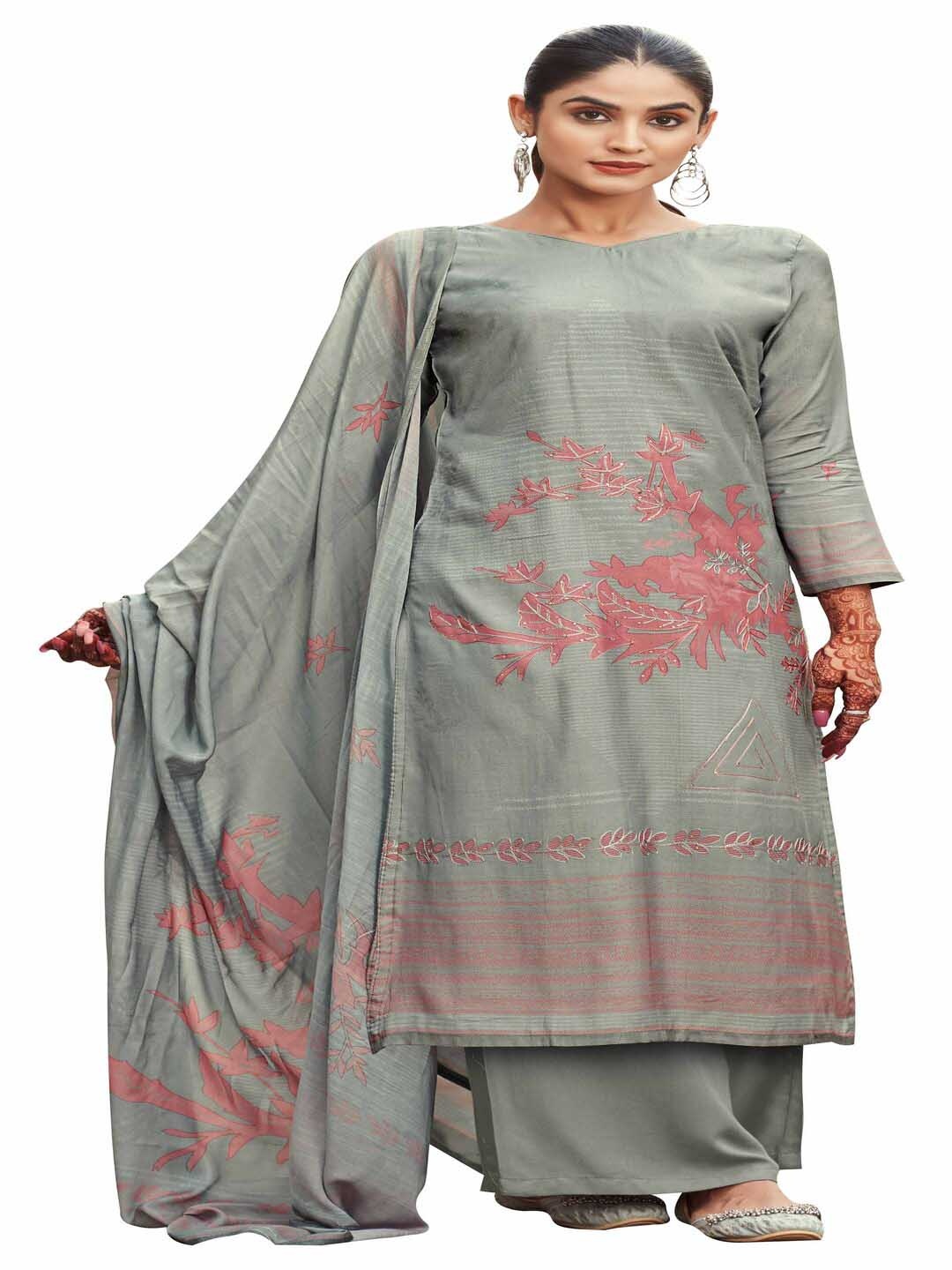 

DRAVINAM Floral Printed Sequinned Pure Cotton Unstitched Dress Material, Grey