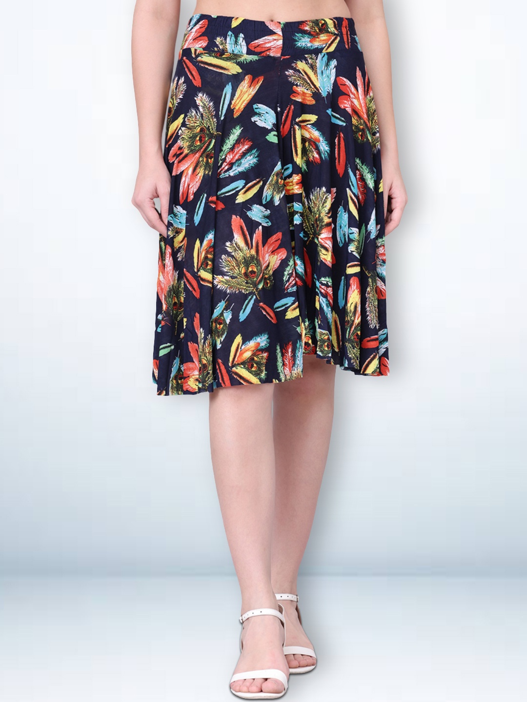 

Jinfo Printed Knee Length Flared Skirt With Attached Shorts, Navy blue