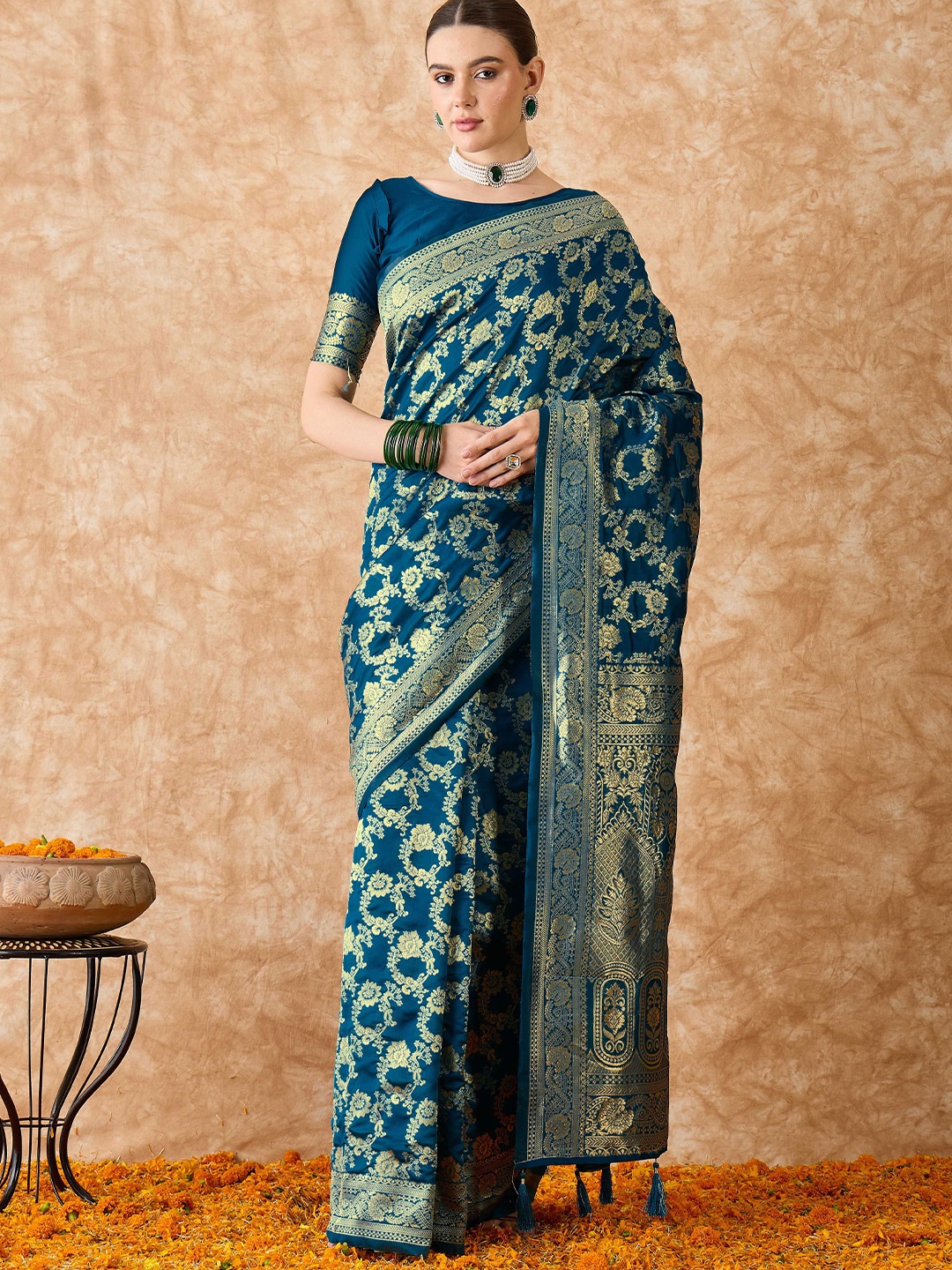 

MANVAA Woven Design Zari Silk Blend Banarasi Saree, Blue