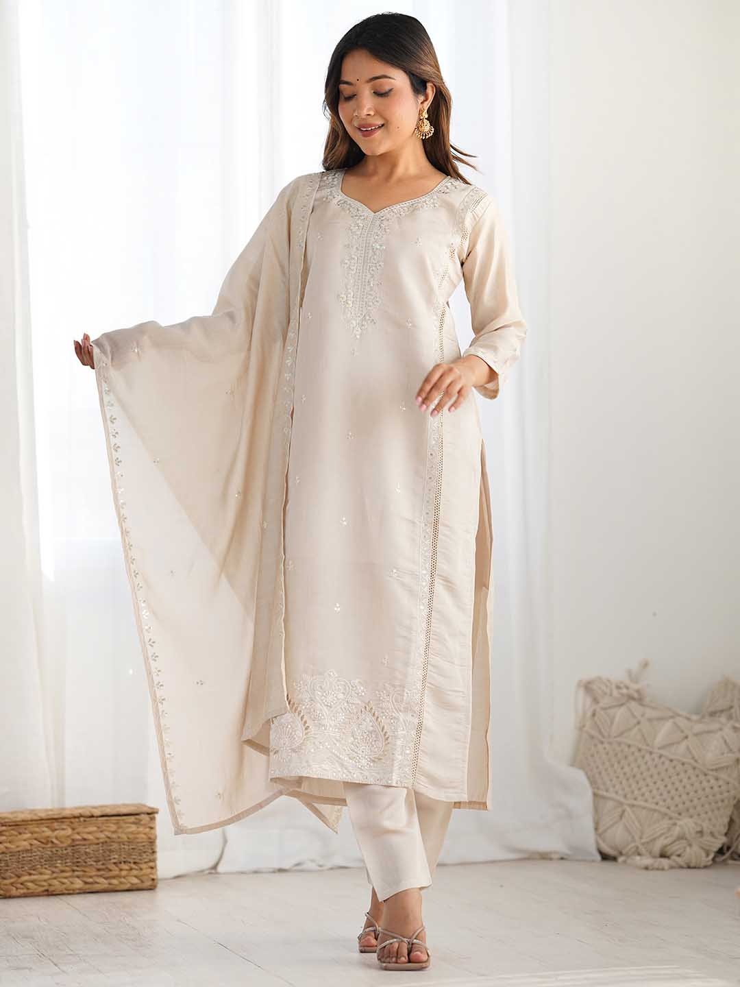 

KALINI Floral Embroidered Sweetheart Neck Sequinned Kurta With Trousers And Dupatta, Cream