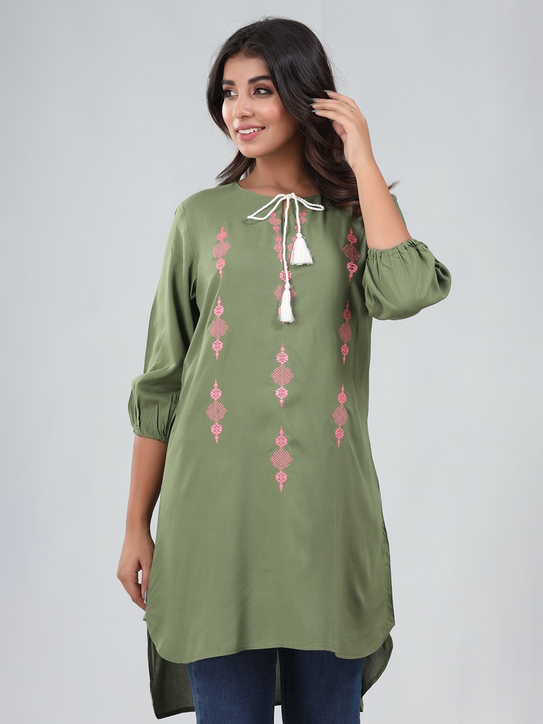 

BAESD Embroidered Shirt Style Longline Top, Green