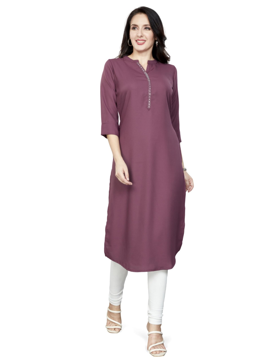 

Nioni Swarovski Mandarin Collar Dobby Linen Straight Kurta, Mauve