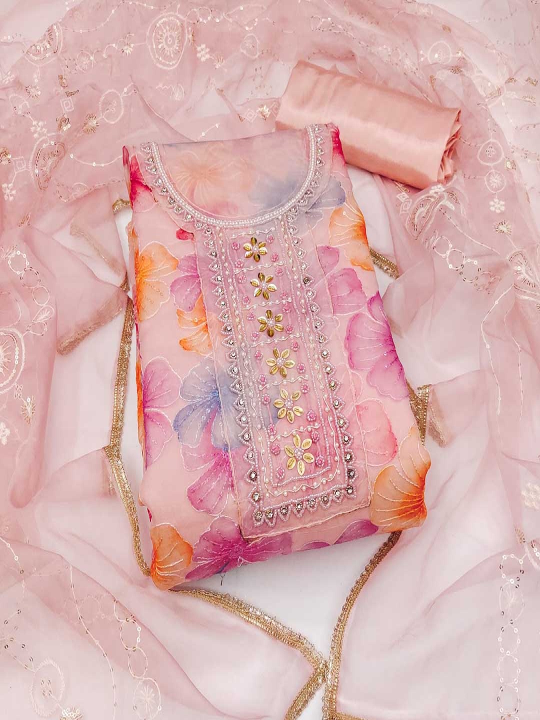 

HERE&NOW Embellished Organza Unstitched Dress Material, Peach