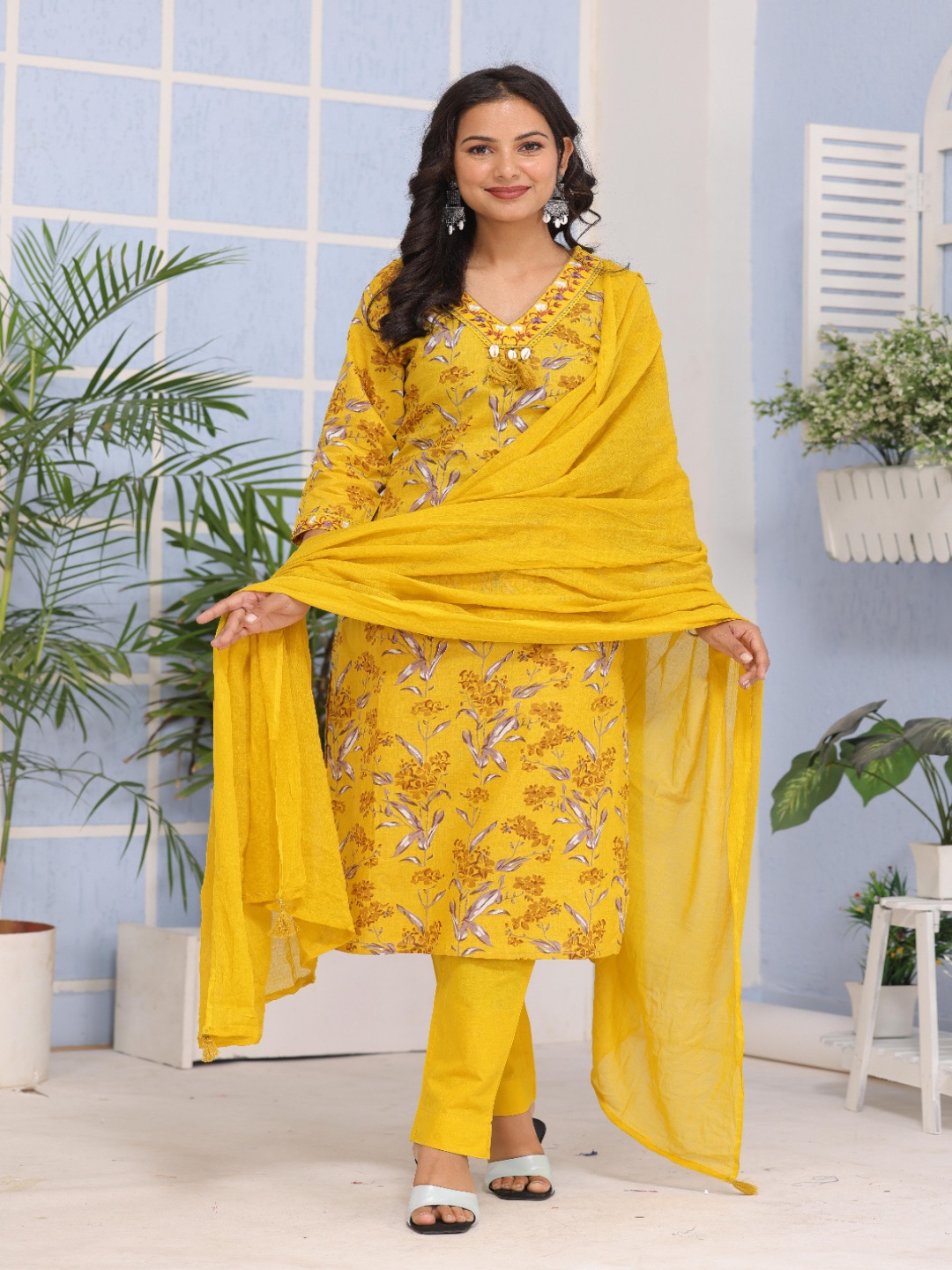 

KALINI Women Floral Printed Regular Pure Cotton Kurta with Trousers & With Dupatta, Mustard