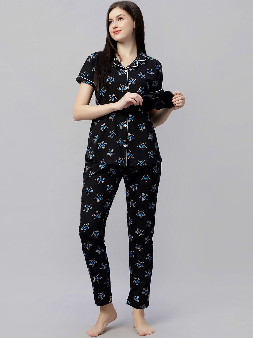 

DZZO Women Pure Cotton Printed Lapel Collar Night suit, Black