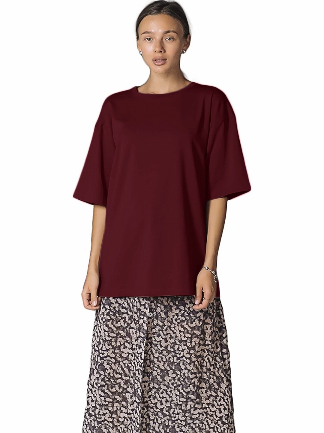 

NOTWILD Women Solid Round Neck Cotton Oversized T-shirt, Burgundy