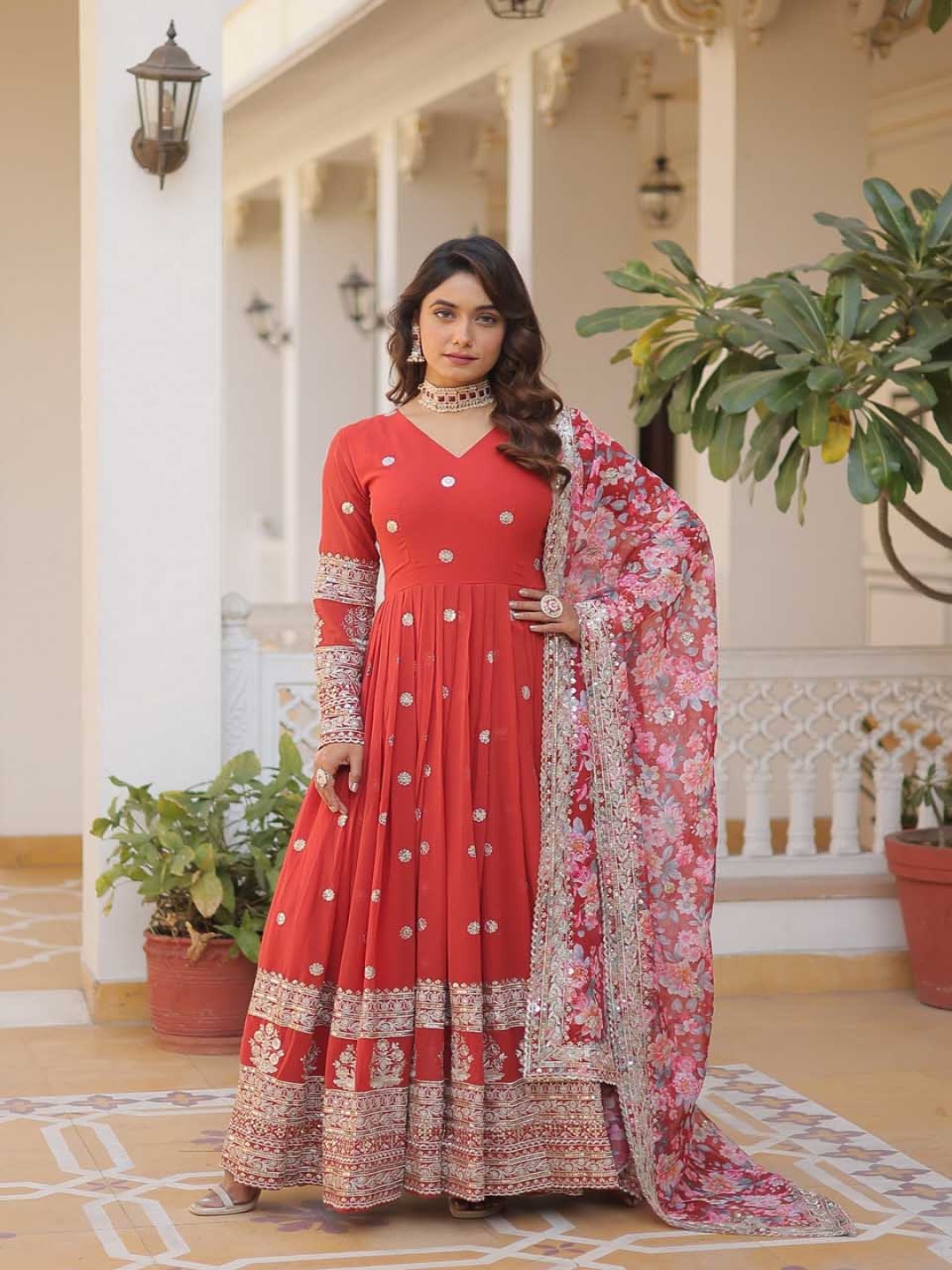 

mimi design Floral Embroidered Silk Georgette Anarkali Kurta With Trousers & Dupatta, Red