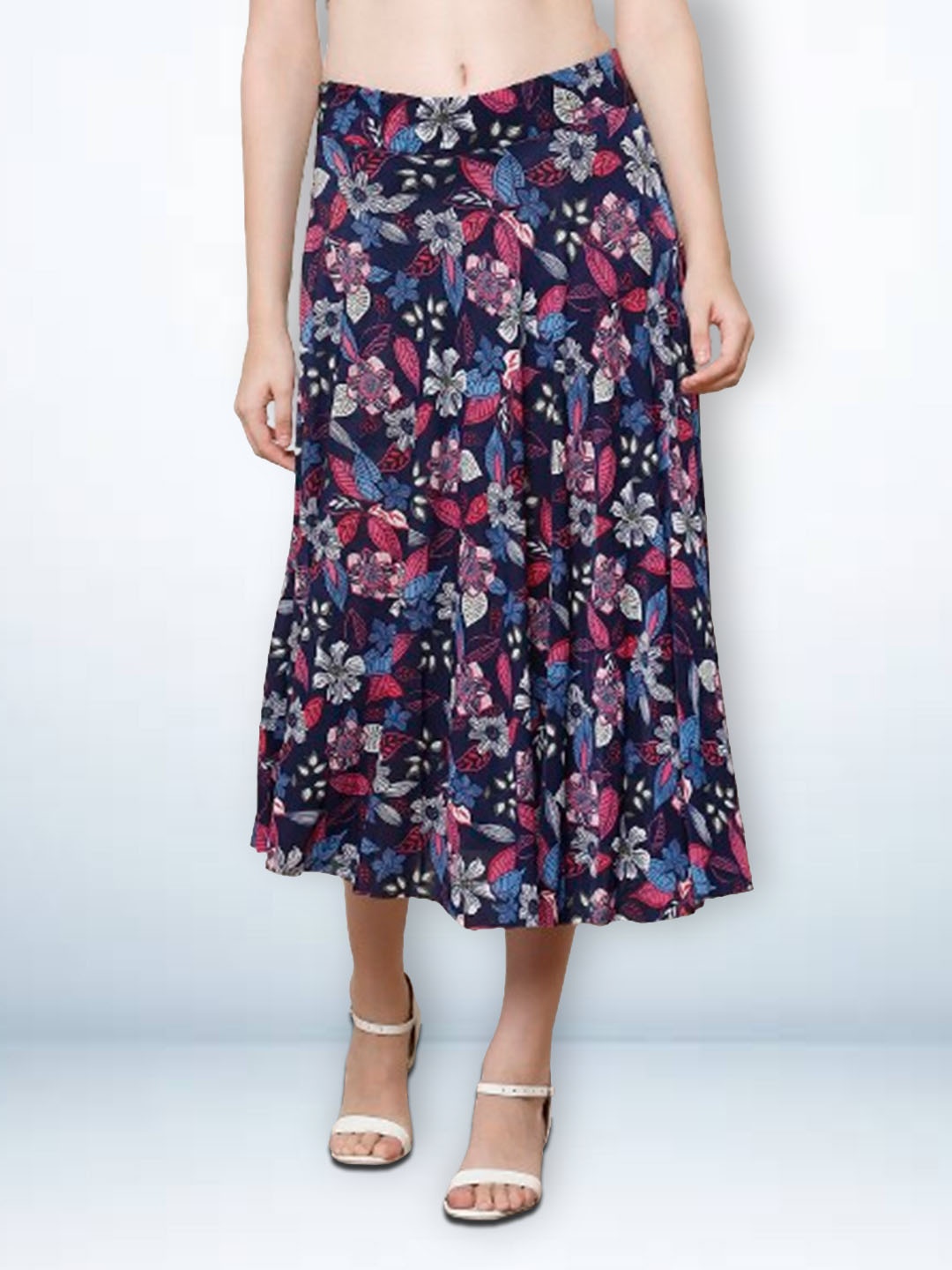 

Jinfo Women Floral Printed Flared Midi Skirt With Attached Shorts, Navy blue