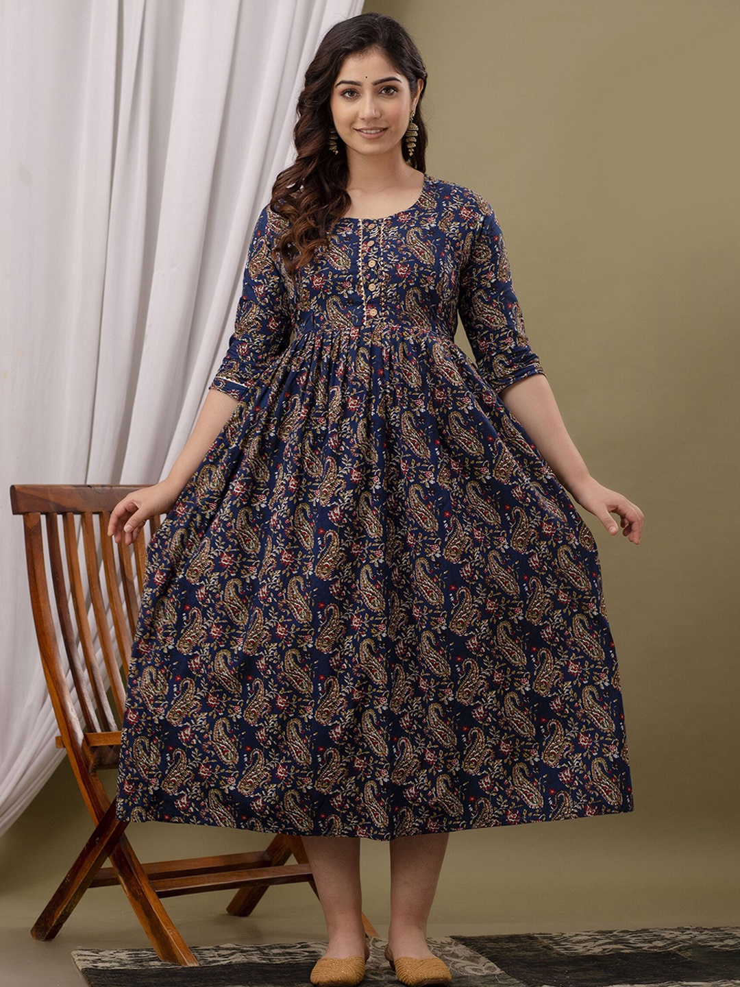 

UrbanRang Floral Printed Maternity Cotton Fit and Flare Midi Dress, Blue