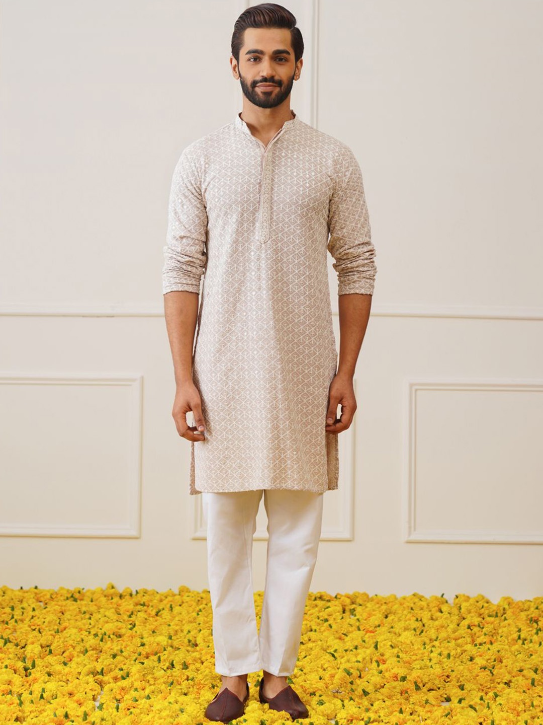 

Jompers Men Embroidered Regular Sequinned Pure Cotton Kurta with Churidar, Beige